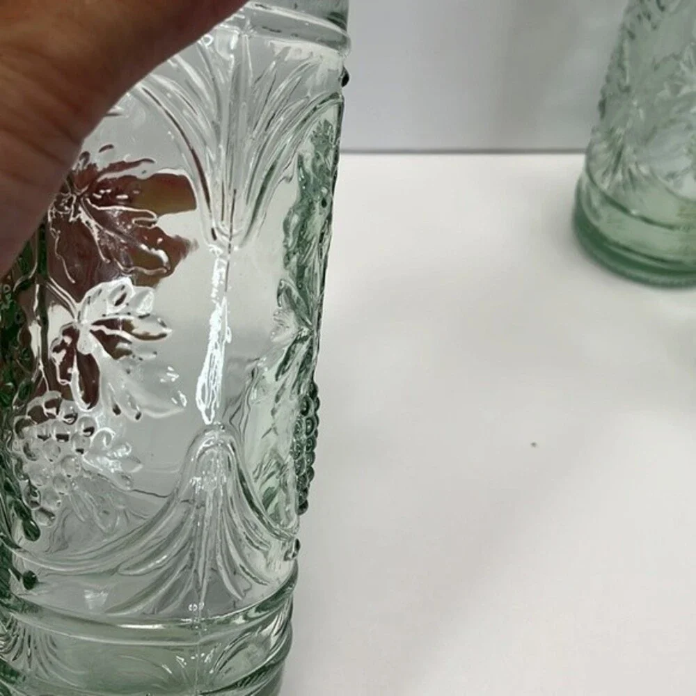 William Sonoma made in Spain Embossed Clear Green Glass Bottles set of 3